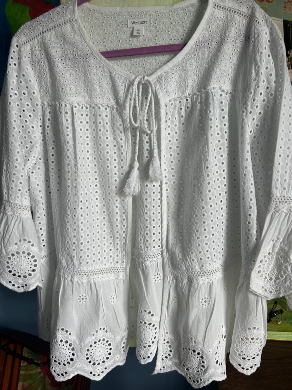 Westport White Eyelet Tassel Tie Blouse